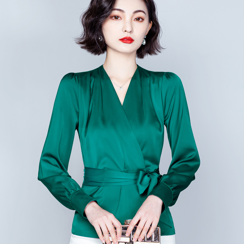 

2021 Fashion Green Waistband Silk Shirt Long Sleeve Spring Autumn Winte Women's Designer Bow Tops Runway Office Ladies Sexy Slim Blouses