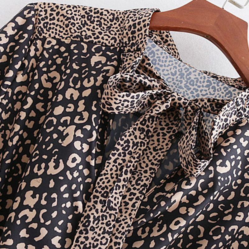 

Vintage Chic Leopard Print Ruffles Mini Dress Women Long Sleeve Bow Tie Neck Elastic Waist Ladies Dress Vestidos Mujer, Black;gray