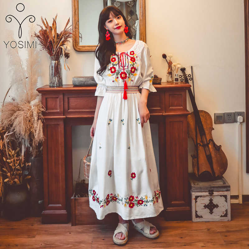 

YOSIMI Floral Embroidery Long Women Dress Summer Vintage Indie Folk White Cotton O-neck Mid-calf Half Sleeve Yellow 210604