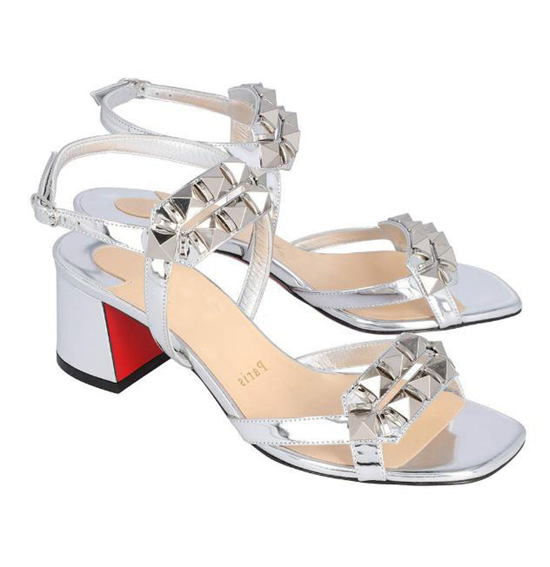 

Luxury Elegant Women Sandals pumps Red Bottom Silver Patent Leather Galerietta Block Heel Sandal Summer Dress Shoes Slim Lady Wedding Party Style With Boxes EU 35-43, #2