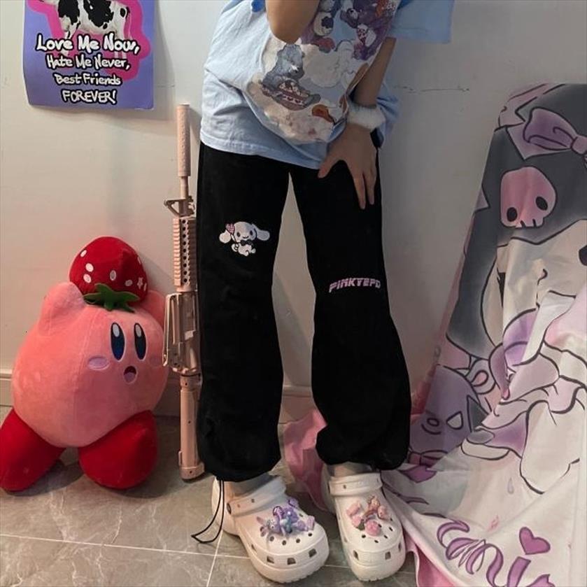 

kawaii cartoon print jogging sports womens pant soft girl black joggers sweatpants korean fashion wide leg trousers, Black;white