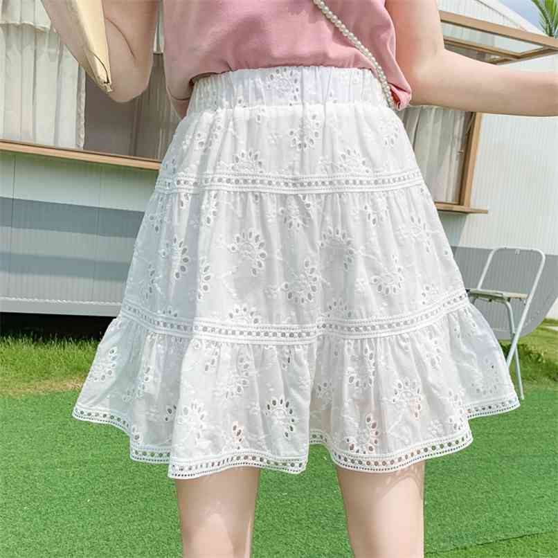 

Summer Casual Cotton Mini Skirts Korean Style High waist Lace Patchwork Embroidery Hollow A-line Women's Faldas Mujer Skirt 210602, White
