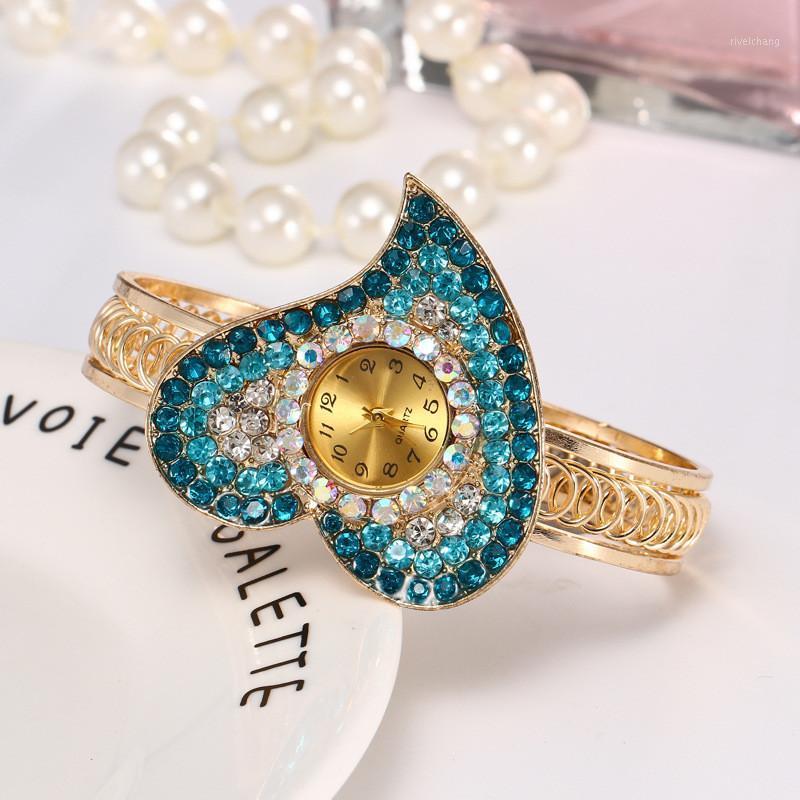 

Luxury Women's Bracelet Watches Gold Ladies Dress Quartz Wristwatches Relogio Feminino Heart-shaped Blue Crystal, White
