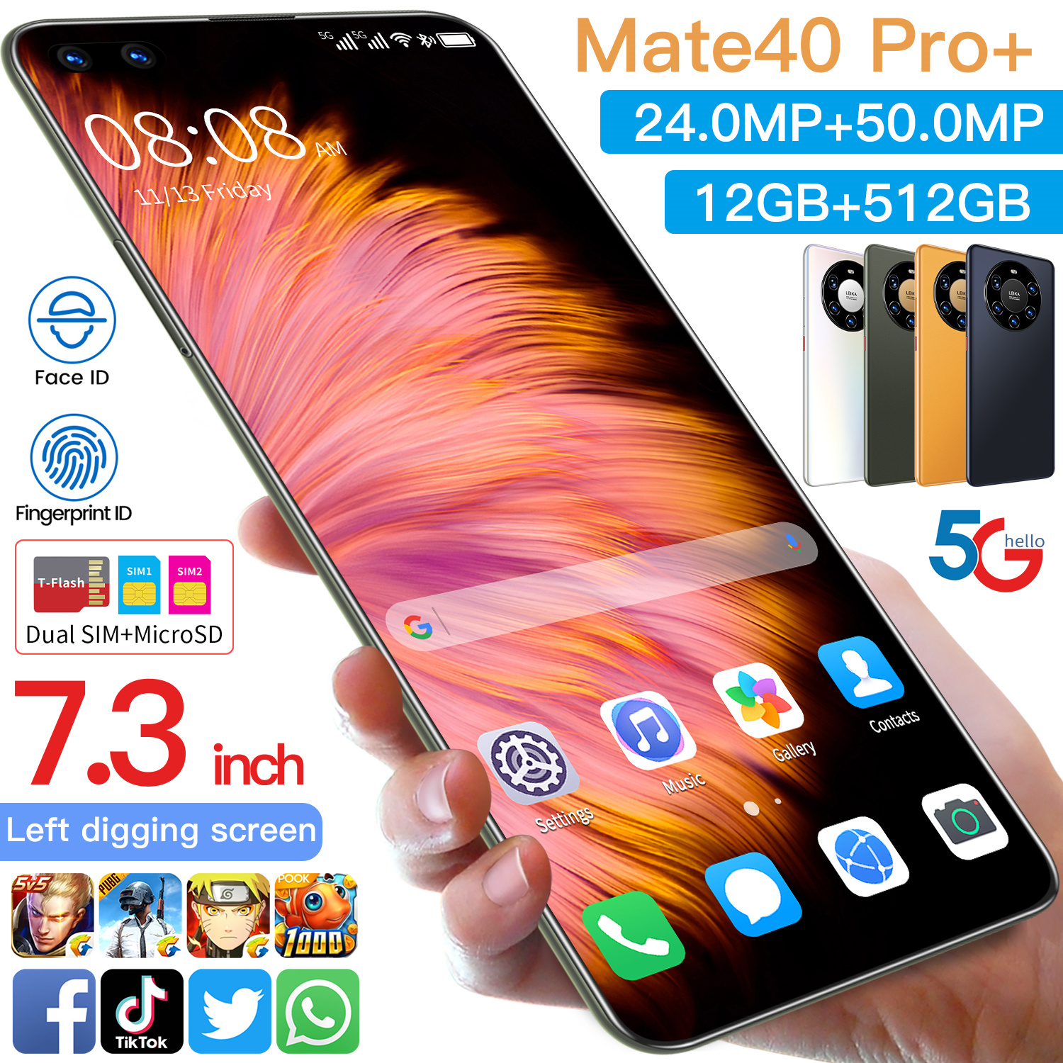 

MATE40Pro Cell phone 7.3 Inch 6000mAh Octa Core Quad 16GB 512GB Rear Camera Android Mobile Phone 5G 4G LTE Smartphone, Black