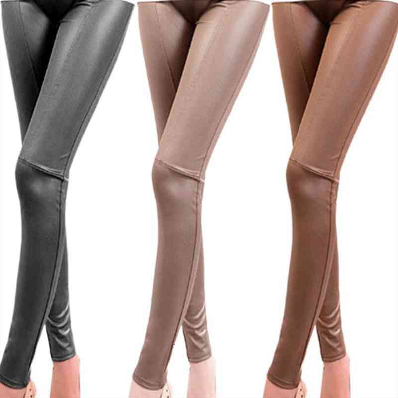 

fashion spring autumn high waist women leggings stretchy pu leather trousers slim pencil pants splice, Black