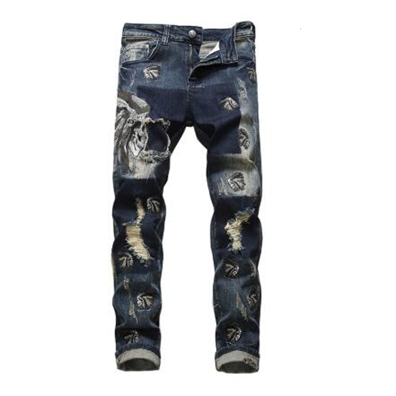 

2021 New Men's All-match Tribe Chief Embroidery Ripped Jeans Holes Distressed Blue Stretch Embroidered Denim Pants Trousers 7sj2, Beige