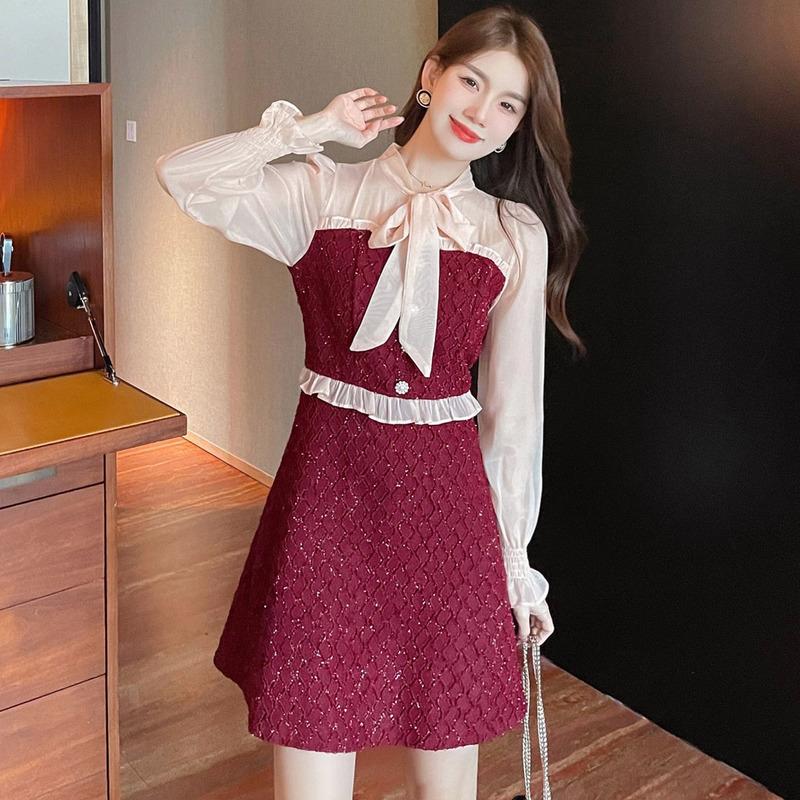 

Casual Dresses Vestidos Mujer Temperament Vintage Slim Bow Flare Sleeve Red Dress Mini Party Contrast Stitching Black Formal Birthday Clothe, Black;gray