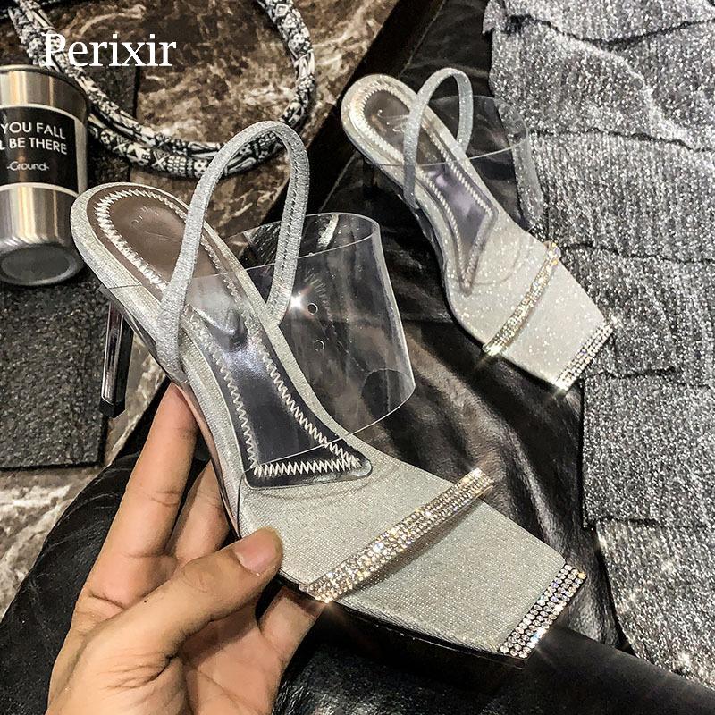 

Perixir Design Woman Sandals Open Square Toe Crystal Pvc Thin Heel 9cm Classic Footwear 2021 New Summer Fashion Lady Dress Shoes, Black
