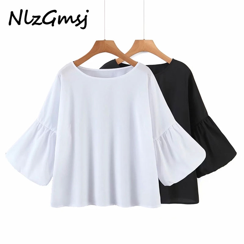 

T-Shirt Spring Summer Korean Fashion Loose Casual Simple Solid Color Thin Round Neck Flared Sleeves 05 210628, As picture
