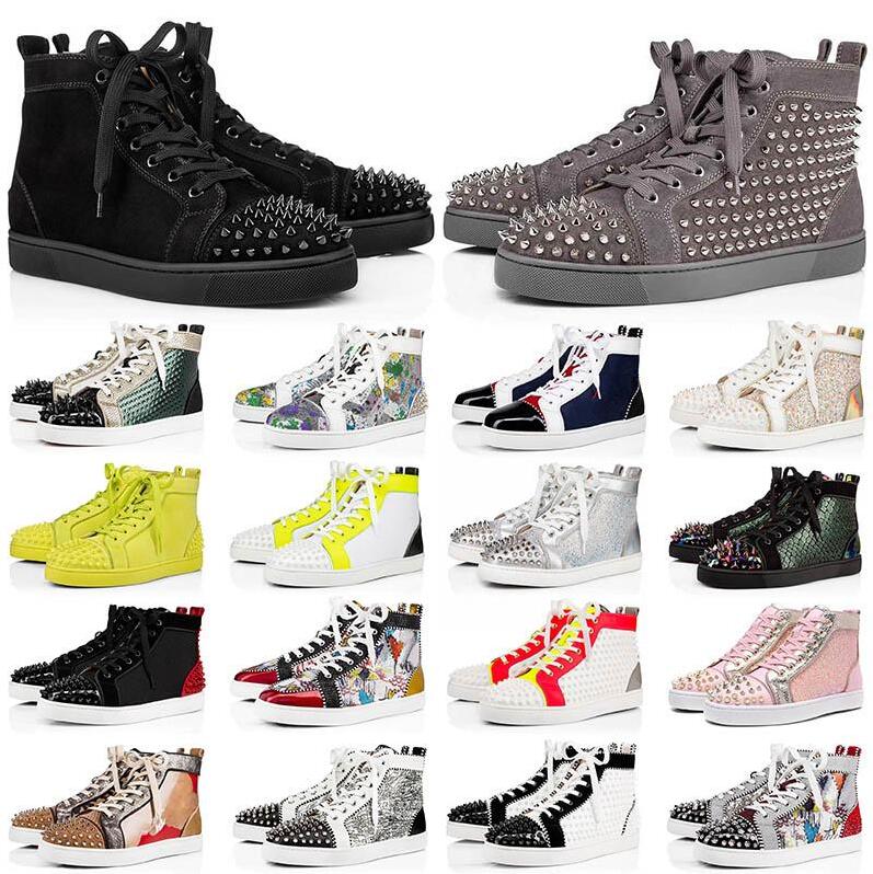 

New red bottoms men women shoes spikes fashion high top sneakers Black White Glitter Grey leather suede mens casual shoe jogging walking