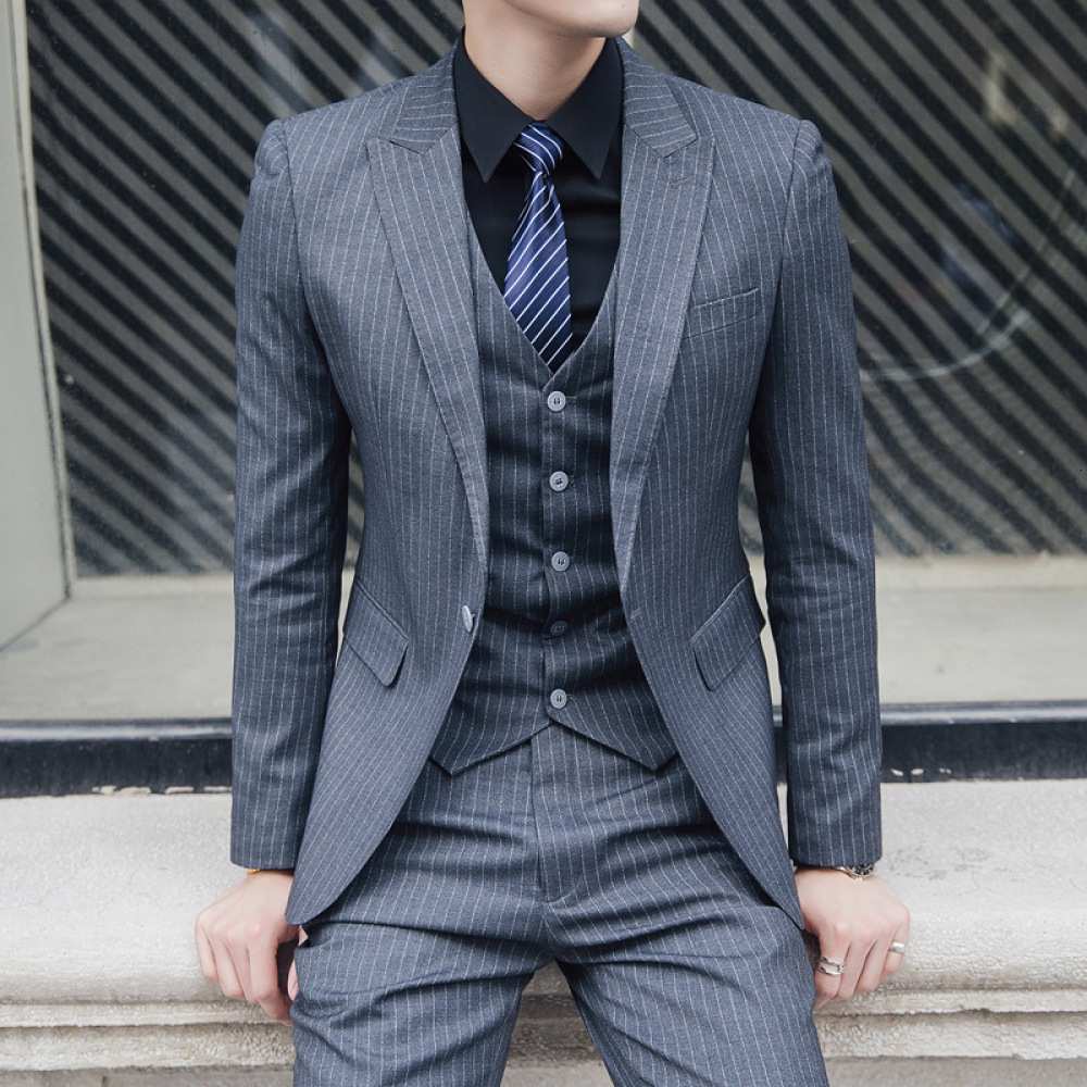 

2021 Spring Autumn Men's Small Stripes Set Slim Fit Style Pieces Fashion Youth Wedding Formal Suit 4pmh, Gray
