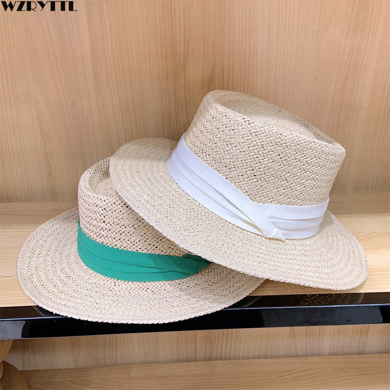 

2021 New Cute Flat Top Straw Summer Women Trip Caps Leisure Ribbon Band Beach Sun Hats Beige Breathable Fashion Girl Hat Muxc, With green ribbon