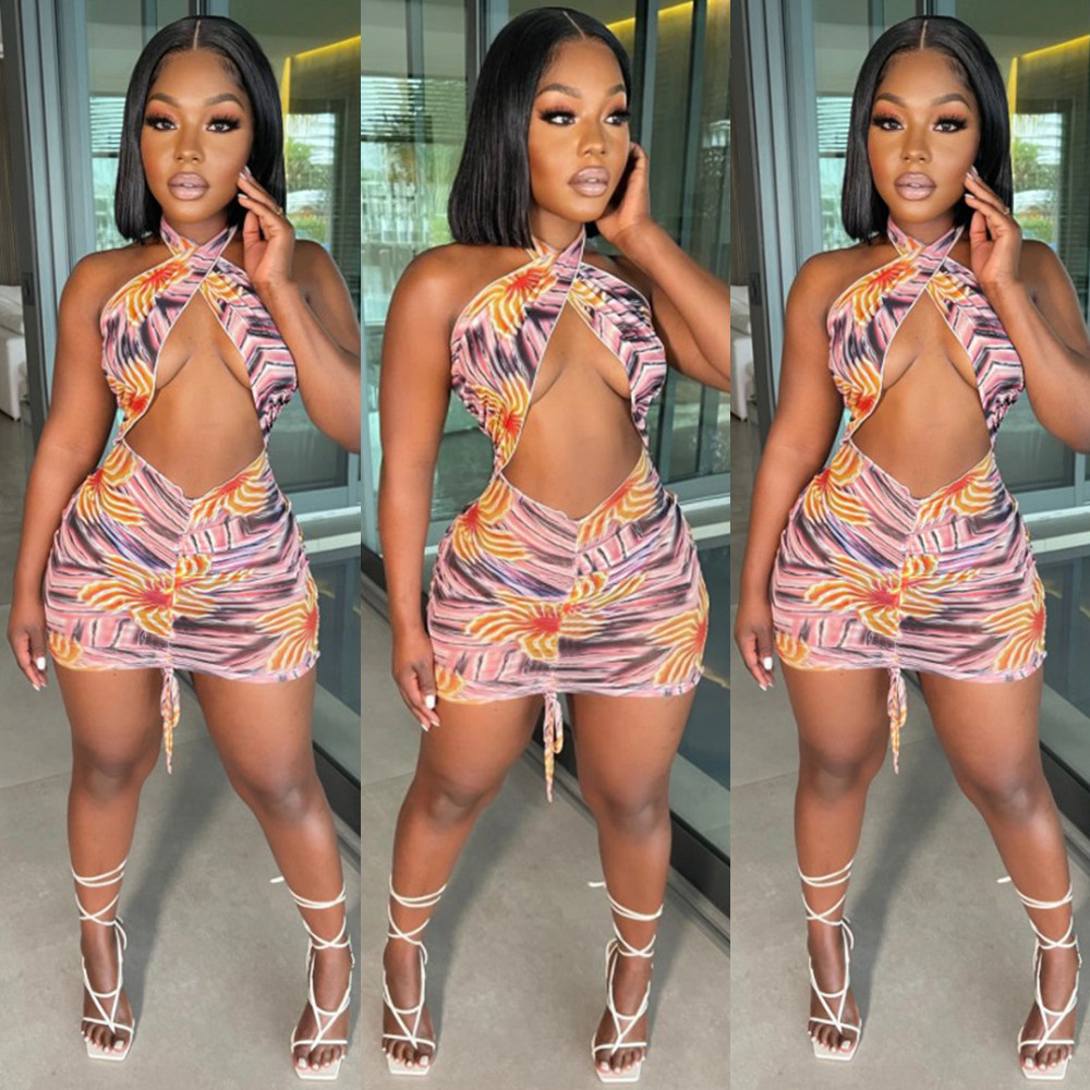 

Criss Cross Halter Backless Sexy Slim Fit Dress Women Fashion Off Shoulder Sleeveless Bandage Dress Fashion Hollow Wrap Dress, Pink