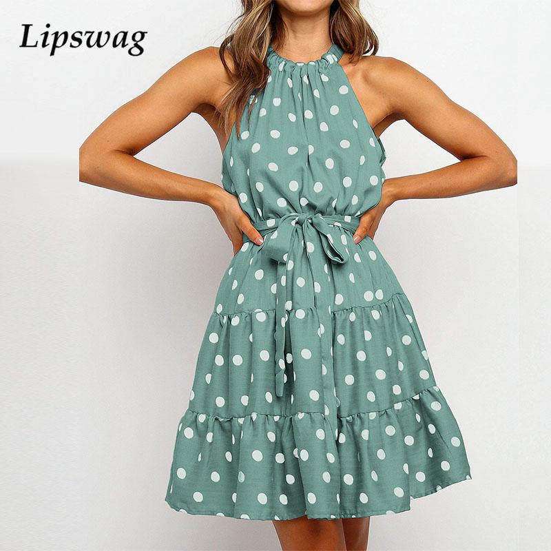 

elegant halter lace-up belted party dress casual fashion polka dot print a-line mini dresses women summer sleeveless loose dresshigh quality, Black;gray