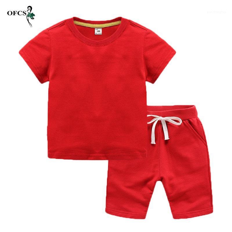 

Children Suits Cotton Summer Boy/Girl Soft T-shirt +Beach Shorts Suit Kids Solid Infant Toddler Clothes Stuff For 2-12 Clothing Sets1, 61 red add blue