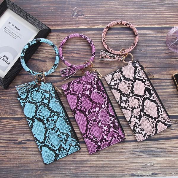 

Fashion Bracelet Wallet for Women Wrist Bangle Lady's Clutch Purse Snakeskin Serape Printed Leather Zipper Purses Keychain, Silver