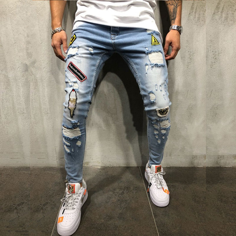 

2021 Spring Men's Patchwork Bae Fashion Slim Fit Hole Denim Trousers Hip Hop Ripped Ny Mannen Jeans Man Pants J2sl, Light blue
