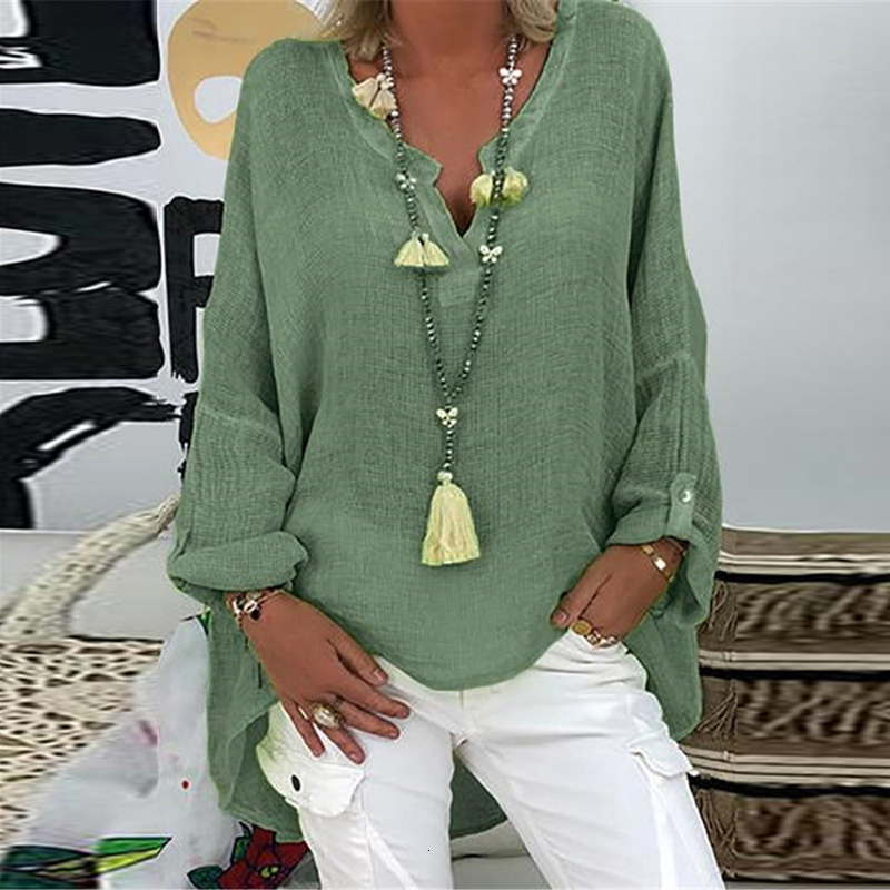 

New Spring Autumn V-neck Solid Color Cotton for Long Sleeve Loose Tees Shirts Tops Female 2021 Women Blouses Ugbh, Blue