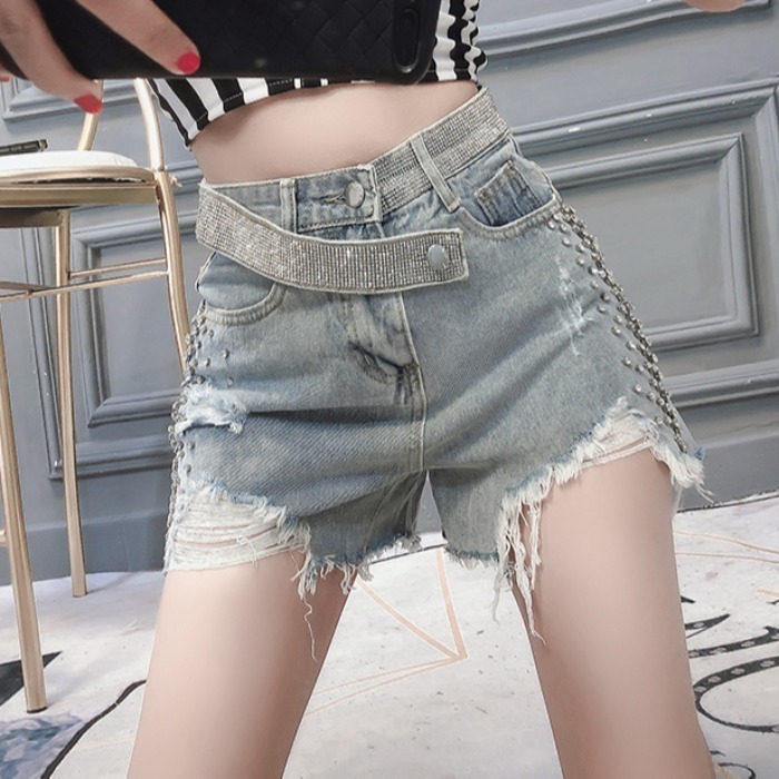 

2021 New Ripped summer Korean of the high waist heavy industry wide leg denim shorts women's UQX9, Blue