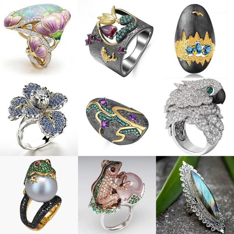 

Cluster Rings Boho Vintage Flower Ethnic Style Frog Parrot Animal Ring Opal Pearl Crystal For Women Fashion Hip Hop Punk Jewelry Gifts, Golden;silver