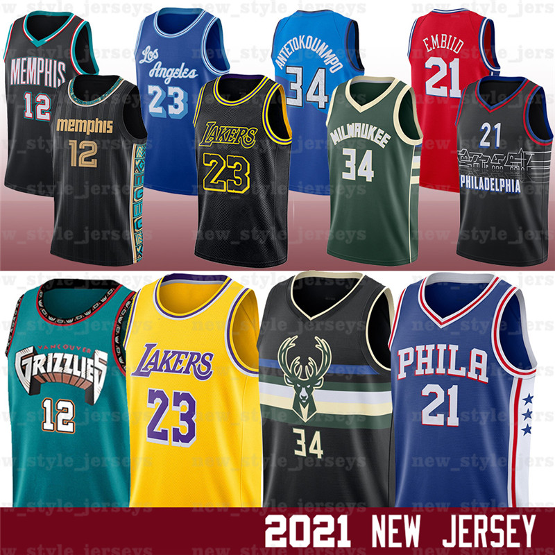 

34 Giannis 12 Ja 23 Morant Antetokounmpo LBJ Jersey Embiid 21 Joel Milwaukee Bucks Grizzlies 76er m Basketball Jersey z1, Black;red