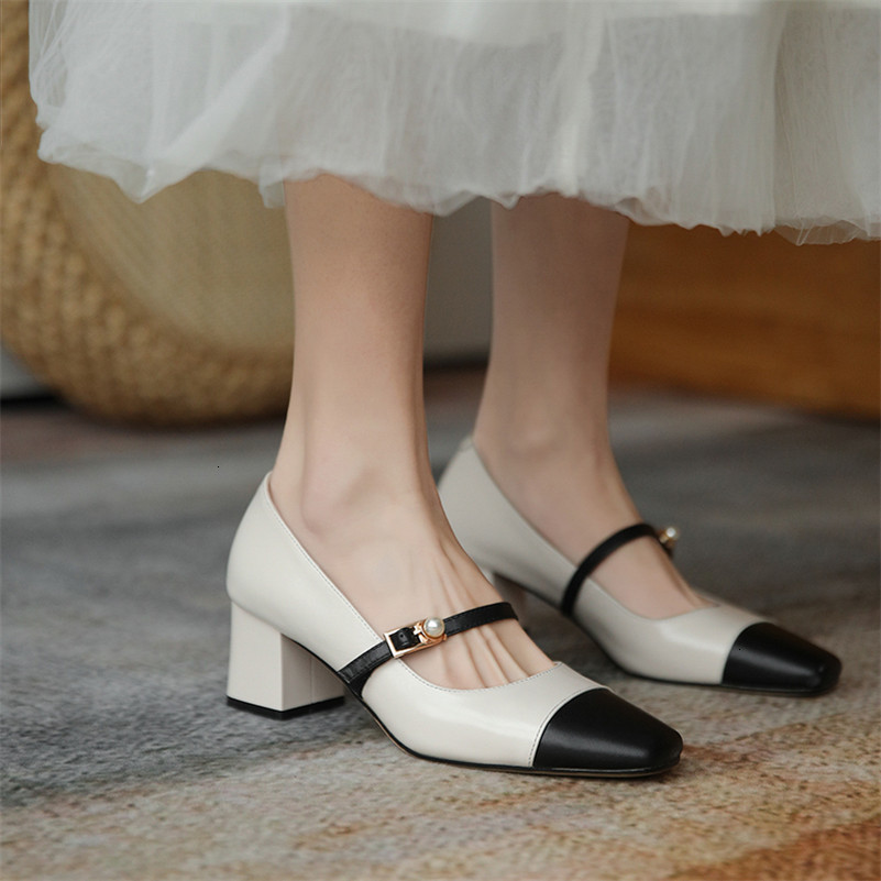 

leather Genuine Dress genuine Shoes mary janes women's shoes high heels pearl toe pumps square foot buckle black spring XIZM, 1# shoe box