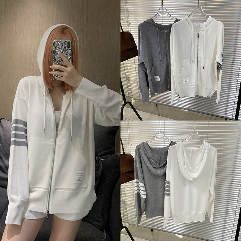 

High Quality TB college style ice silk knitted casual hooded sweater cardigan women' 2021 spring and summer loose air conditioning sunscreen jacket, White