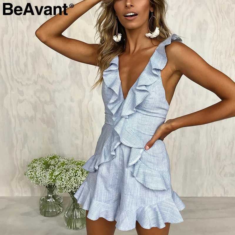 

BeAvant Ruffle v neck backless sexy jumpsuit women Elegant lace up solid short jumpsuit romper Casual beach summer jumpsuit 210709, Light blue