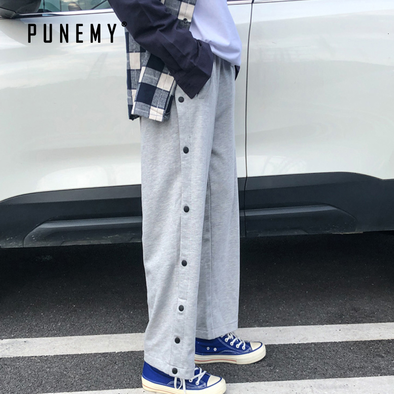 

2021 Joggers Men Side Button Sweatpants Streetwear Track Pants Mens Hip Hop Harajuku 100% Cotton Autumn New Male Trousers Wsjo, Black