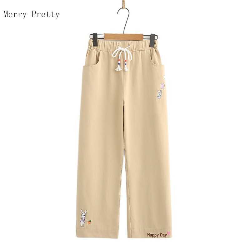

Cartoon Rabbit Embroidery Straight Casual Women Pants Cotton Trousers Summer Elastic Waist Korean Ladies Pockets Bottom 210526, Black