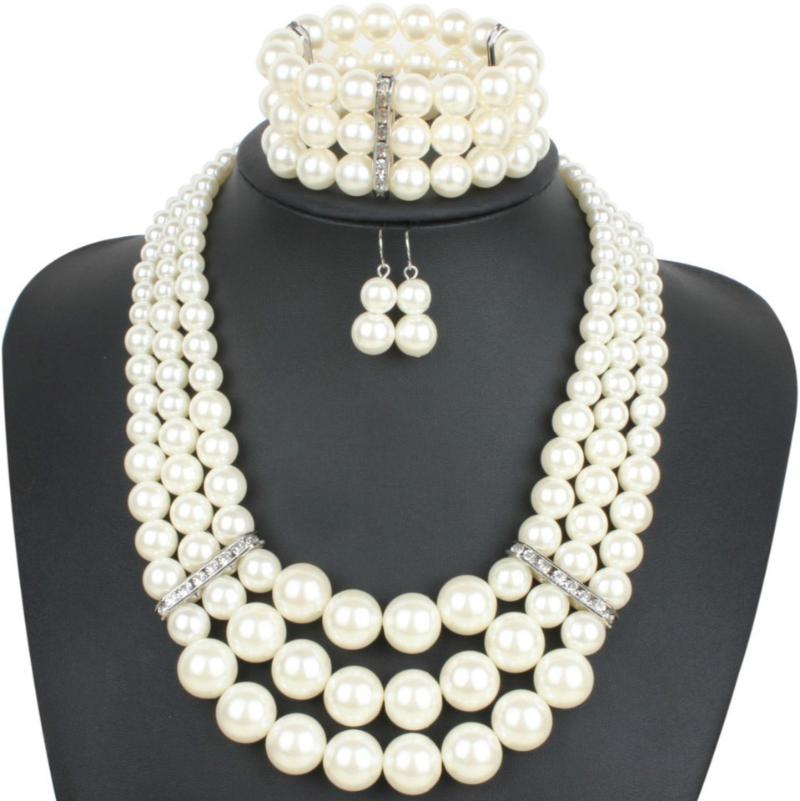 

Earrings & Necklace Exaggerated Multi Layer Imitation Pearl Jewelry Sets Women Boho Clavicle Crystal And Bracelet 3 Pcs Set, Silver