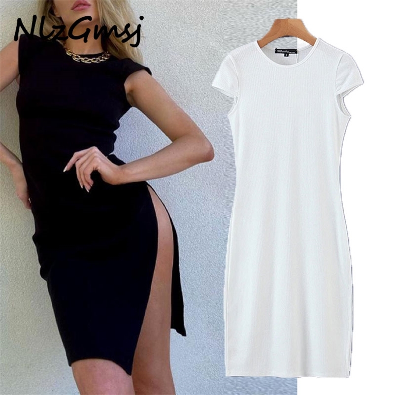 

Dress Split High Street Women O neck Slim fit Package Hips Mini Short es Elegant 04 210628, As picture