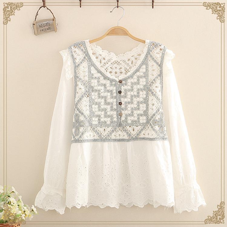 

Women's Blouses & Shirts 2021 Spring French Hollow Embroidery Puff Sleeve BLOUSE, White