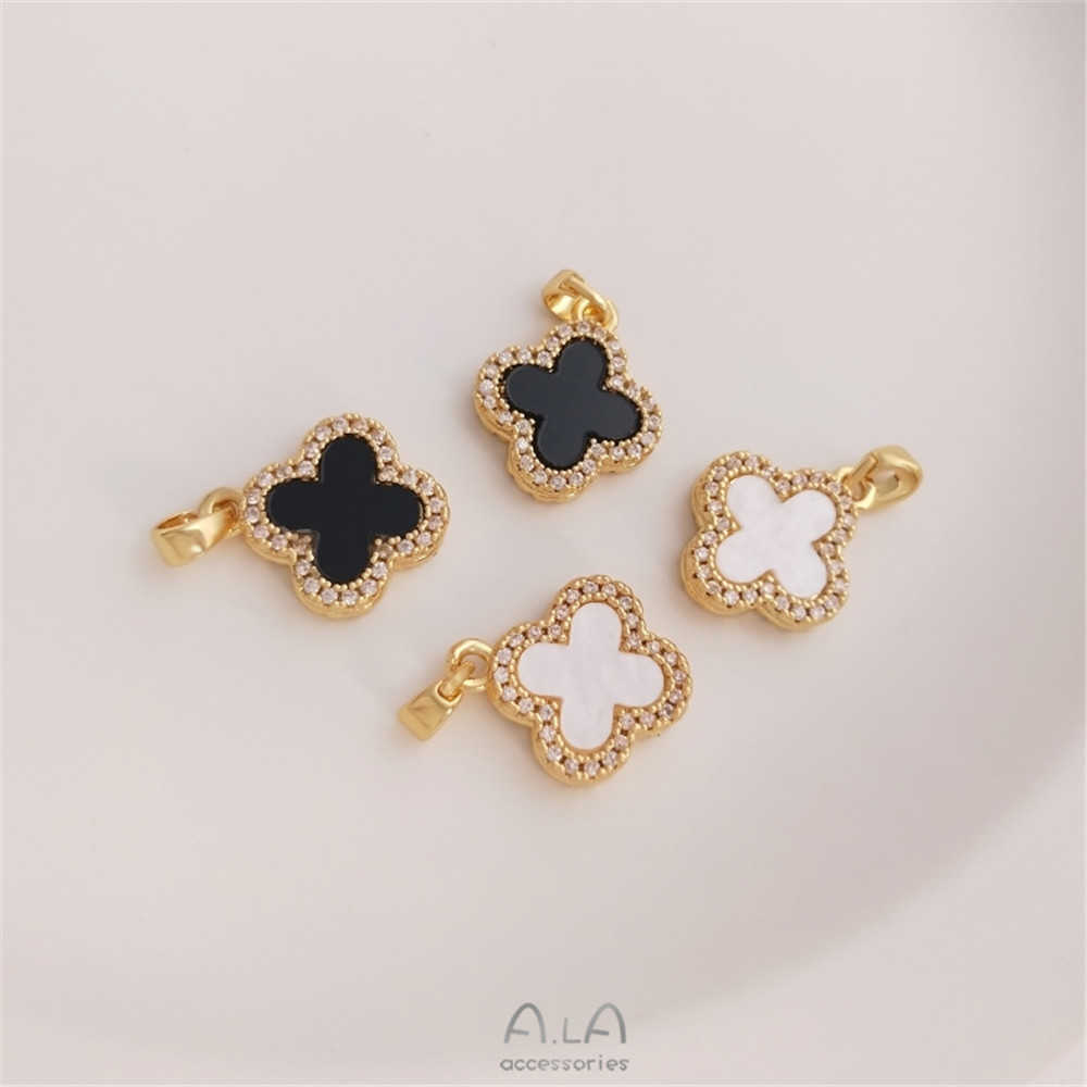 18k Zircon Wrapped Lucky Grass Necklace Pendant Gold Clover Black White Diy Chain-image-747293908