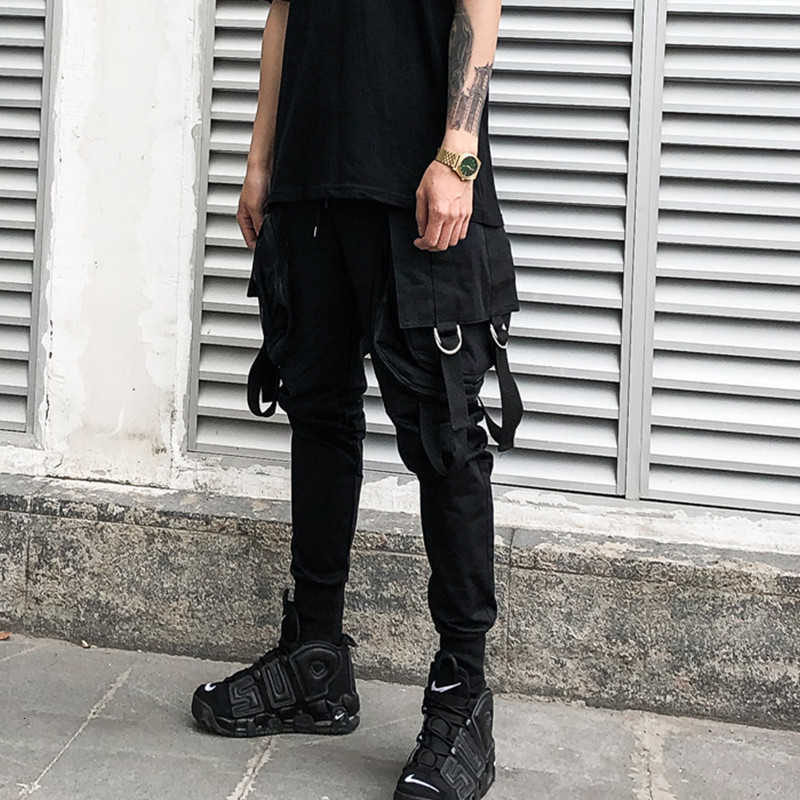 

men's pants pant men hip hop big pockets ribbon slim fit casual male cotton fashion streetwear black joggers tro px2t