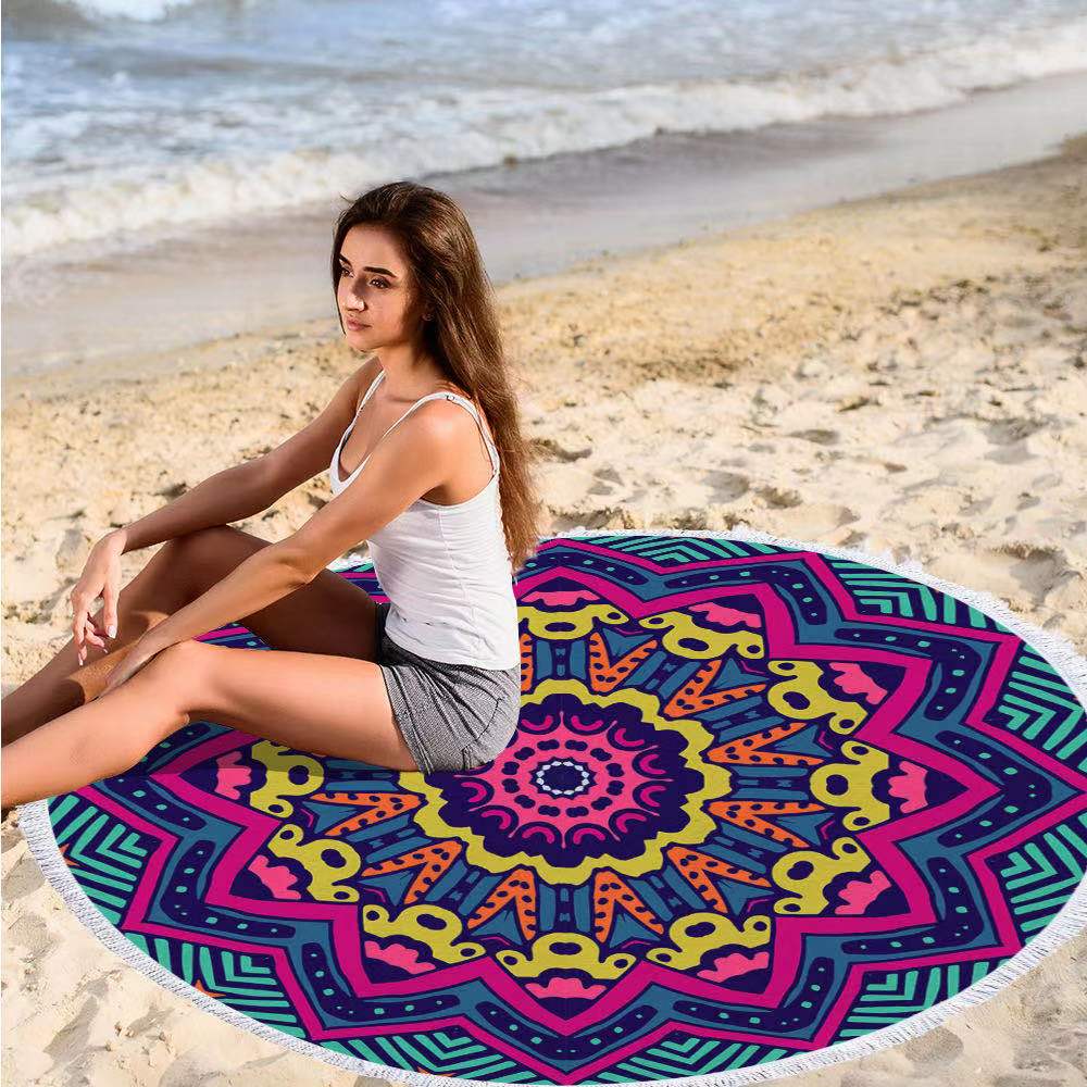 

Mandala Beach Towel Round Beach Blanket Polyester Printed Tablecloth Bohemian shawl Sun protection Tapestry Yoga Mat Covers Shawl Wrap Picnic Rug, As pic order note number