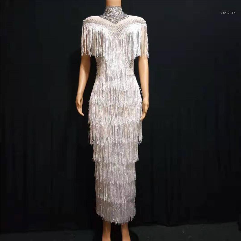 

Party Decoration D82 Female White Tassel Long Evening Dress Wears Dance Costumes Ballroom Dj Skirt Mesh Disco Clothe Host Rhinestone