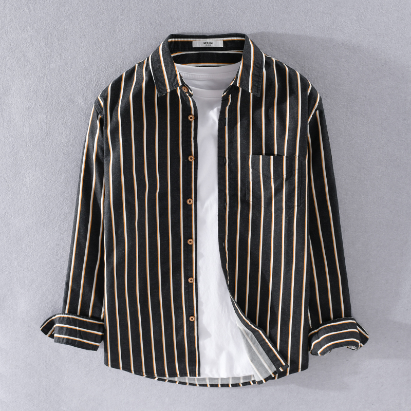 

2021 New Algodo Listrado Outono Longo-manga Comprida Camisas Marca Casuais Para Camisa Dos Homens De Moda Primavera 6swb, Apricot black stripe