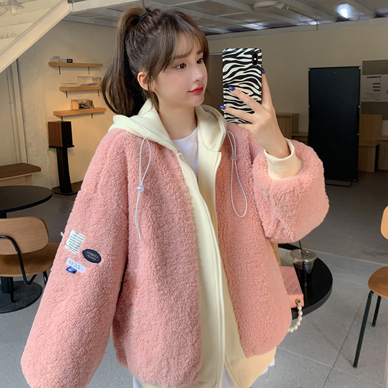 

2021 New Faux Fur Thick Jackets for Women Autumn Winter Korea Kawaii Jacket Hooded Outerwear Coat Streetwear Harajuku Teenager Girls Mmtu, Pink