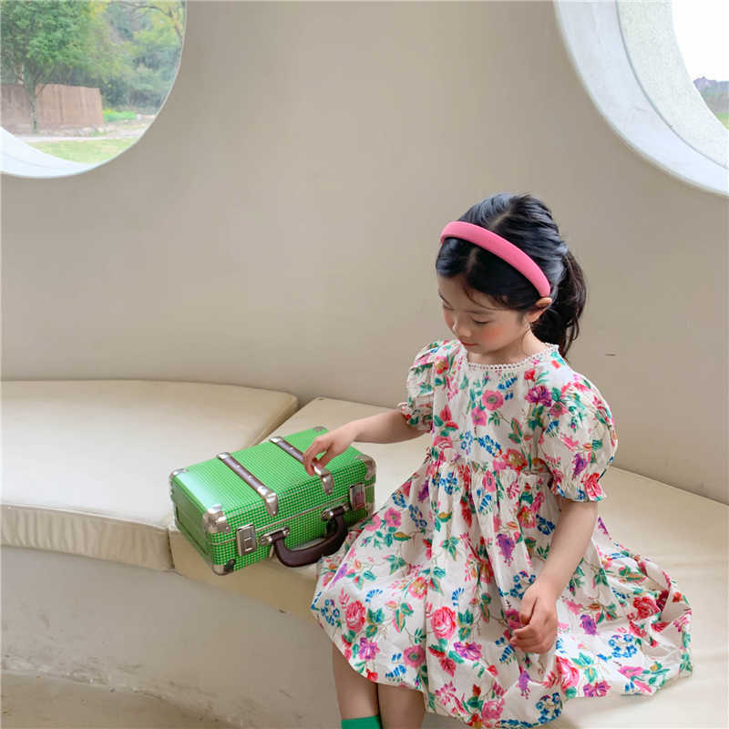 

Summer girls rose printing short sleeve dresses 1-6 years cotton casual loose little princess dress 210615, As photo