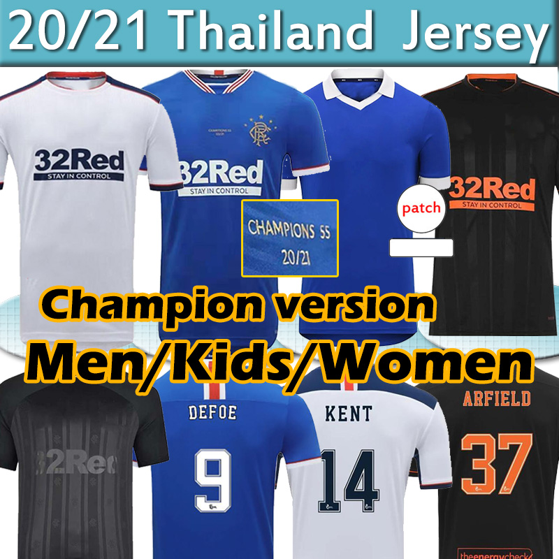 

Glasgow Rangers Champions 55 Version Soccer Jerseys 2020 2021 DEFOE MORELOS KENT ARIBO ARFIELD 20/21 Men Women Kids Kits Top football jersey, Third euopa patches