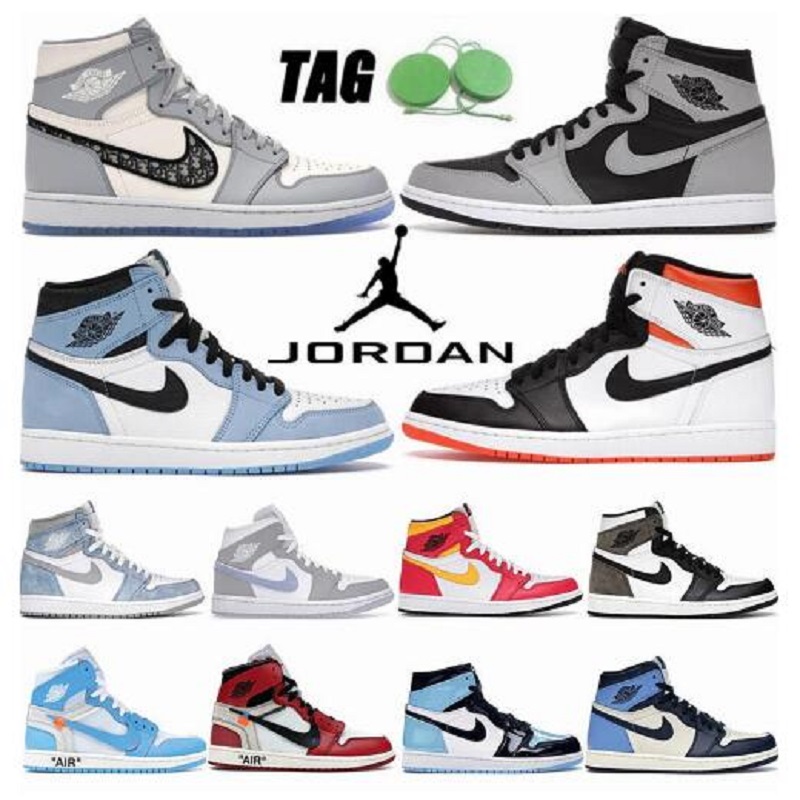 

With Box Air Jordan 1 University Blue basketball shoes 1s High Dark Mocha UNC Light Smoke Grey Hyper Chicago patent bred royal toe men women sneakers, Color 38