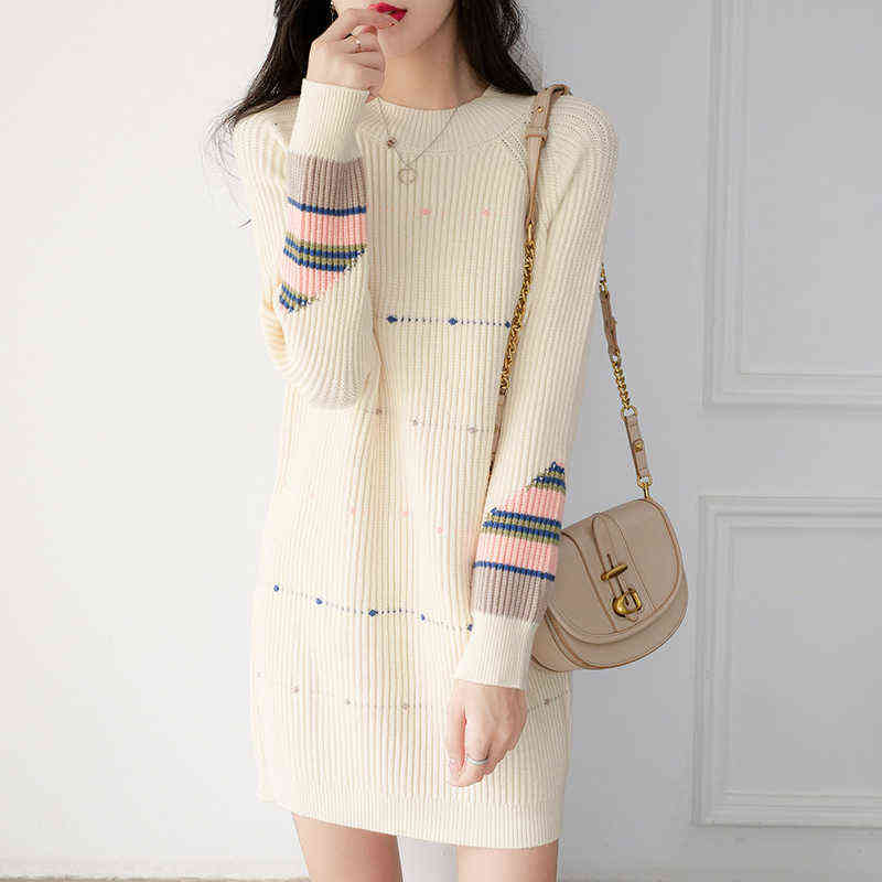 Casual Dresses Temperament knitted Dresses Korean fashion small man medium long bottomed sweater skirt 2022 autumn and winter trend-image-751209451