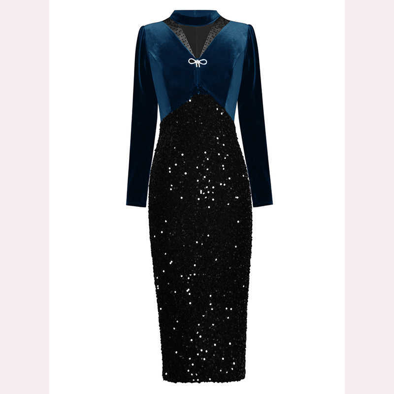 

HIGH QUALITY est Fashion Runway Dress Women's V-Neck Brooch Long Sleeve Velvet Stitching Sequins Hip 210526, Black