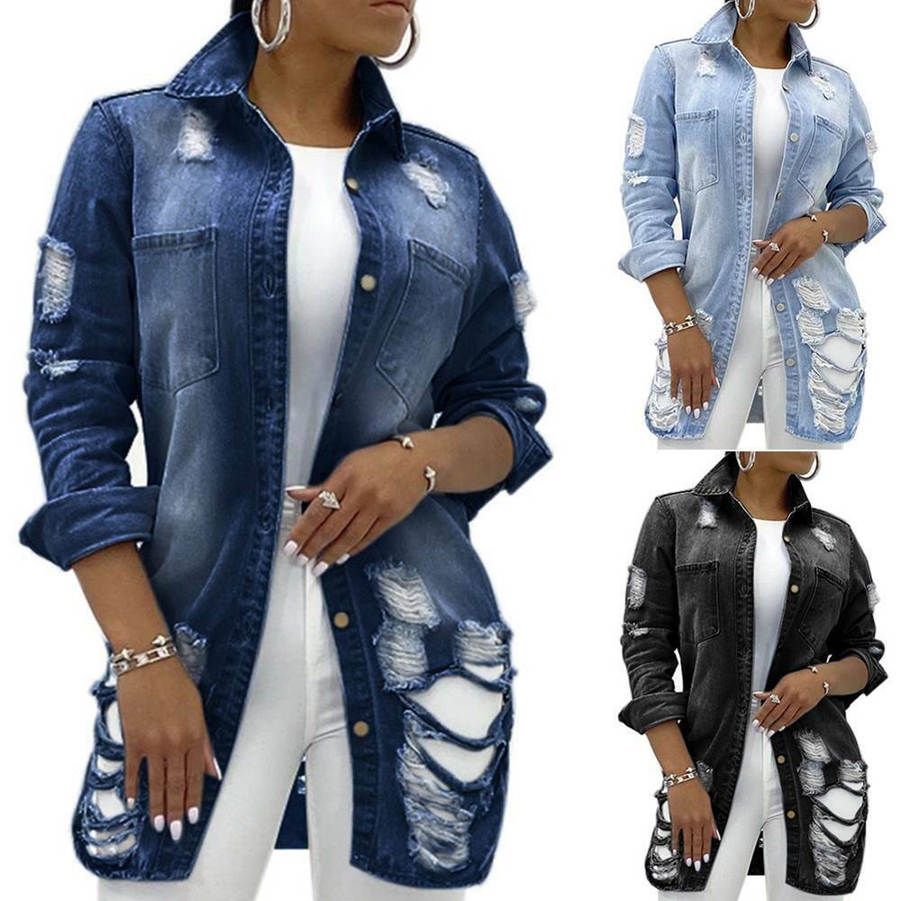 

womens distressed denim jacket ripped coat longline jacket outwear fashion, Tan;black