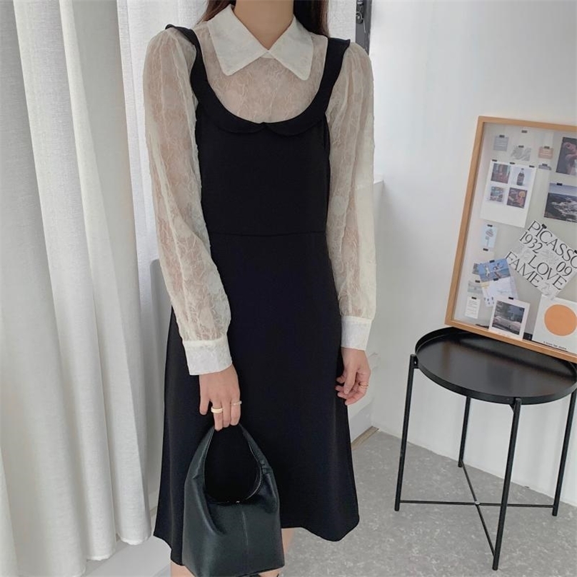 

Gentle Sweet Streetwear Chic Casual Shirts+Ruffles Solid Loose Overalls Dresses All Match Two Piece Sets 210525, Photo color