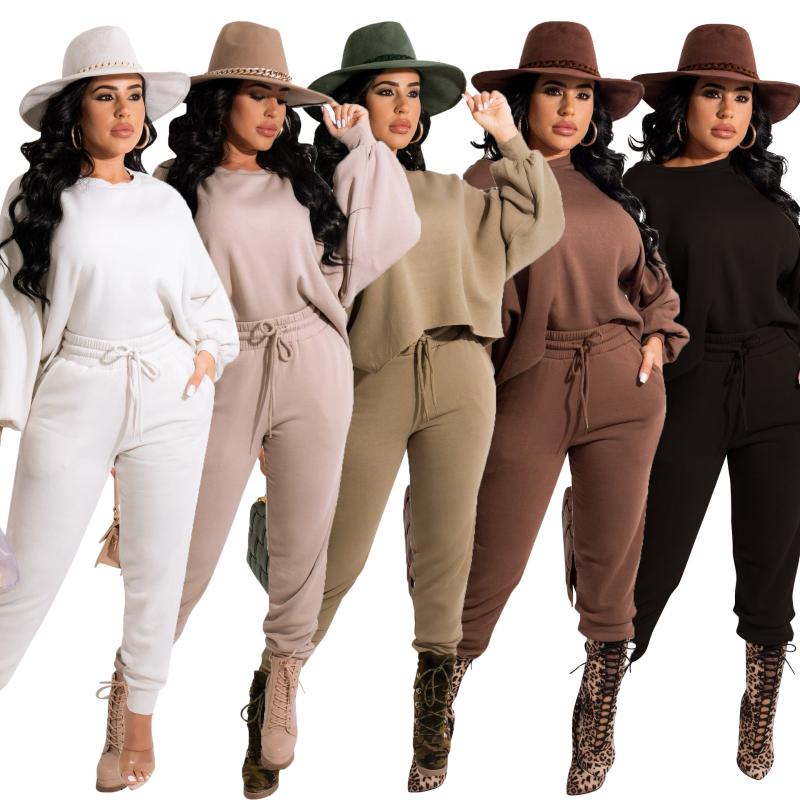 

Women's Two Piece Pants Women Sweatsuit Set Tracksuits Casual Solid Color Puffy Sleeve O-Neck Pullover Tops Lace-up Sweatpants Winter Sets, White