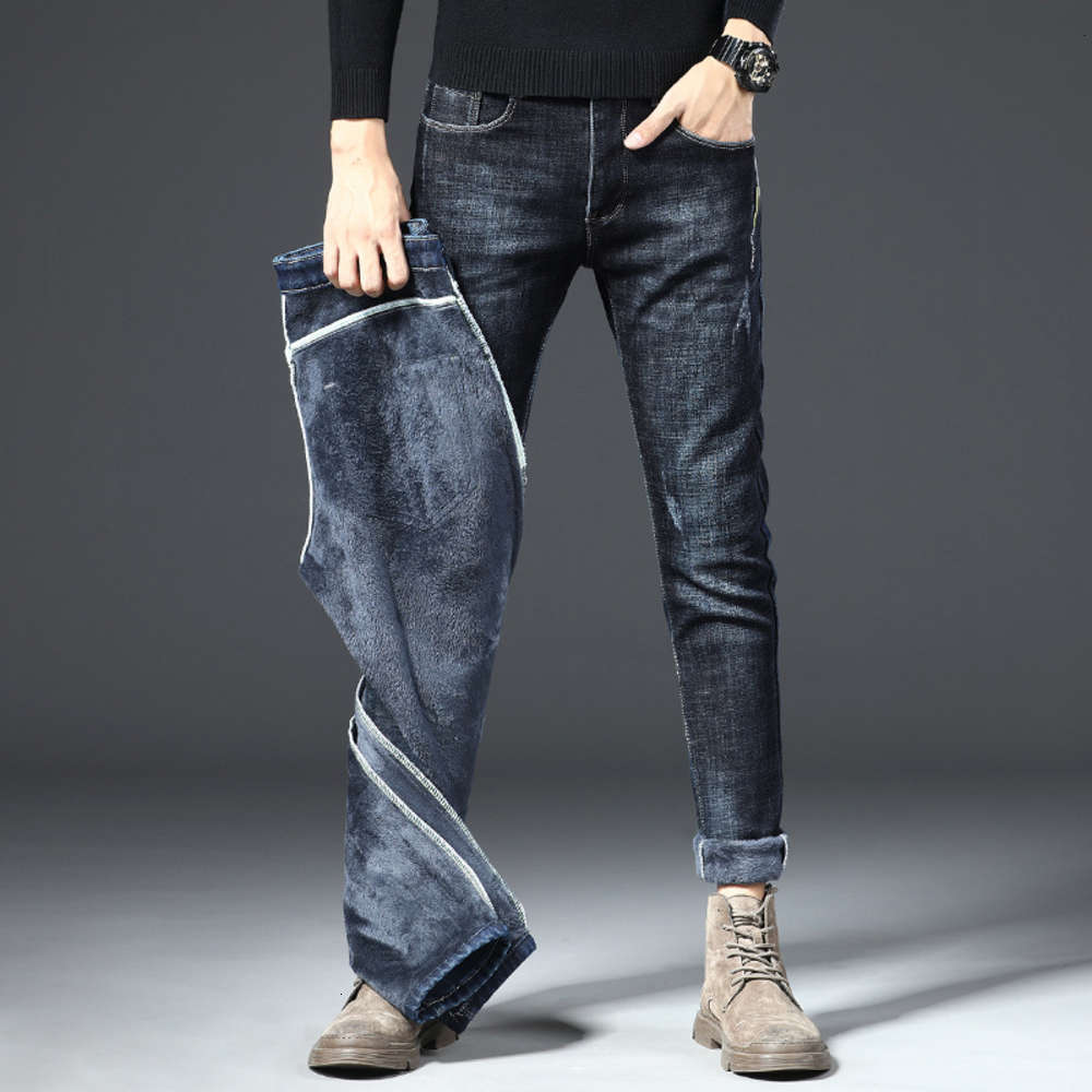 

Autumn winter new Korean trend stretch long pants, young men's plush and thickened slim fitting small leg jeans, Blue