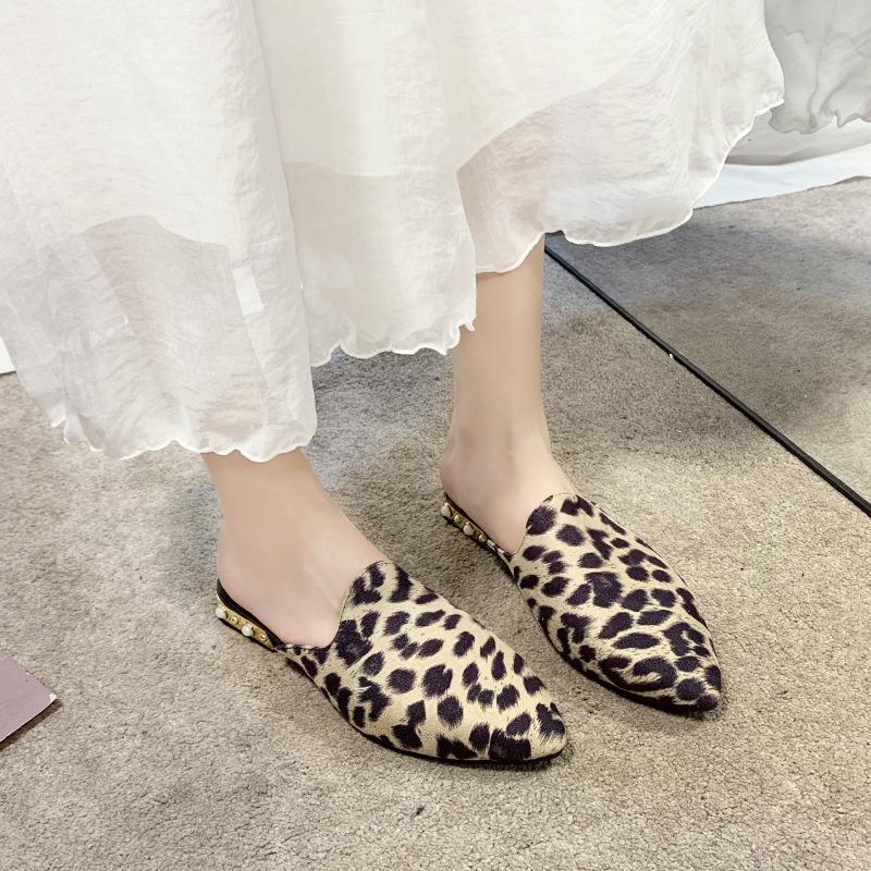 

Slippers Fashion Women Outer Wear Backless Loafers Pointed Sandals Womens Leopard Print Wild Flat Muller Shoes Ladies Flip Flops, Khaki