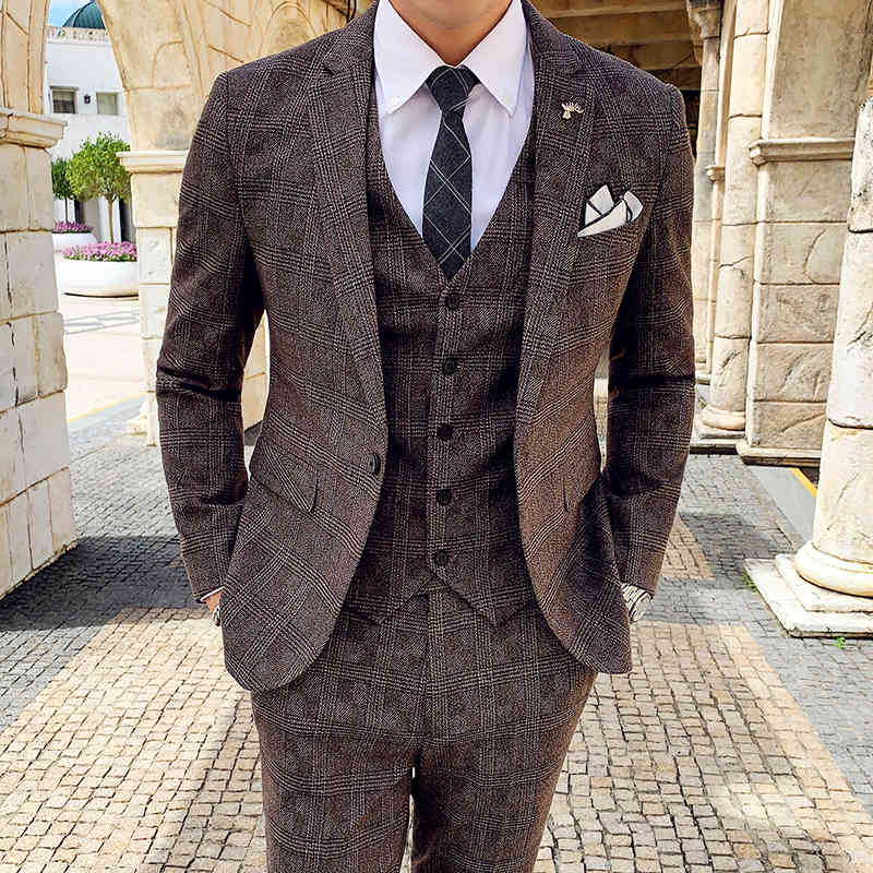 

Men' Suits & Blazers (Jaqueta + colete calças) vestido de casamento do noivo xadrez terno formal moda masculina alta qualida negócios casual três 6CJH, 1# shoe box